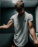 Men Muscle T Shirt Cotton Elasticity Causal Gym Fitness Shirts Short Sleeve Curved Hem Slim Fit Tee Shirt