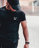 Men Muscle T Shirt Cotton Elasticity Causal Gym Fitness Shirts Short Sleeve Curved Hem Slim Fit Tee Shirt