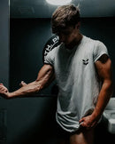 Men Muscle T Shirt Cotton Elasticity Causal Gym Fitness Shirts Short Sleeve Curved Hem Slim Fit Tee Shirt