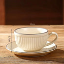 Ribbed Ceramic Coffee Cup & Saucer Set, 275ml Vintage Style Latte Mug with Rim Detail, Dishwasher Safe, Microwave Safe