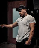 Men Muscle T Shirt Cotton Elasticity Causal Gym Fitness Shirts Short Sleeve Curved Hem Slim Fit Tee Shirt