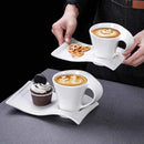 European Ceramic CoffeeCups Set with Wave Shape Plate 80 100 180 and 280ml Modern Minimalist White Cappuccino Latte Dessert Dish