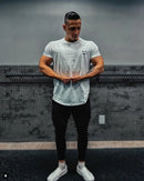 Men Muscle T Shirt Cotton Elasticity Causal Gym Fitness Shirts Short Sleeve Curved Hem Slim Fit Tee Shirt