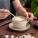 Ribbed Ceramic Coffee Cup & Saucer Set, 275ml Vintage Style Latte Mug with Rim Detail, Dishwasher Safe, Microwave Safe
