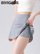 BIVIGAOS Summer Double Stripe Sport Tennis Short Skirts Women Fake Two Piece Stretch Running Fitness Golf A-line Yoga Mini Skirt