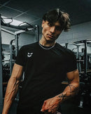 Men Muscle T Shirt Cotton Elasticity Causal Gym Fitness Shirts Short Sleeve Curved Hem Slim Fit Tee Shirt