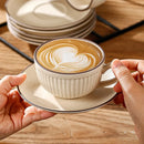 Ribbed Ceramic Coffee Cup & Saucer Set, 275ml Vintage Style Latte Mug with Rim Detail, Dishwasher Safe, Microwave Safe
