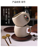 Ceramic coffee cup and saucer set retro latte American coffee cup wooden coasters tea cups spoon flower cups.
