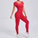 Women's One-piece Yoga Jumpsuit Short Sleeve Open Back Slim Fit Sports Outfit Tights Quick-drying Hip Lift Gym Fitness Clothes