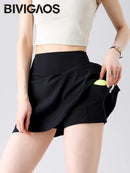 BIVIGAOS Summer Double Stripe Sport Tennis Short Skirts Women Fake Two Piece Stretch Running Fitness Golf A-line Yoga Mini Skirt