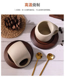 Ceramic coffee cup and saucer set retro latte American coffee cup wooden coasters tea cups spoon flower cups.