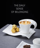 European Ceramic CoffeeCups Set with Wave Shape Plate 80 100 180 and 280ml Modern Minimalist White Cappuccino Latte Dessert Dish