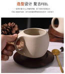 Ceramic coffee cup and saucer set retro latte American coffee cup wooden coasters tea cups spoon flower cups.