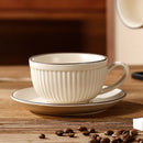 Ribbed Ceramic Coffee Cup & Saucer Set, 275ml Vintage Style Latte Mug with Rim Detail, Dishwasher Safe, Microwave Safe