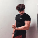 Men Muscle T Shirt Cotton Elasticity Causal Gym Fitness Shirts Short Sleeve Curved Hem Slim Fit Tee Shirt