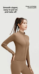 Outdoor Sports Jacket Running Fitness Long Sleeved Women Slim Yoga Clothes Quick Dry Zipper Cardigan Stand Up Collar Skinny Coat