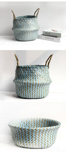 Boho Decor Striped Wicker Storage Baskets Handmade Collapsible Laundry Basket Patchwork Seaweed Flower Belly Garden Flower Pot