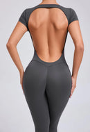 Women's One-piece Yoga Jumpsuit Short Sleeve Open Back Slim Fit Sports Outfit Tights Quick-drying Hip Lift Gym Fitness Clothes