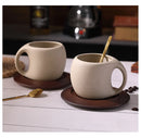 Ceramic coffee cup and saucer set retro latte American coffee cup wooden coasters tea cups spoon flower cups.