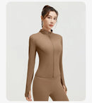 Outdoor Sports Jacket Running Fitness Long Sleeved Women Slim Yoga Clothes Quick Dry Zipper Cardigan Stand Up Collar Skinny Coat