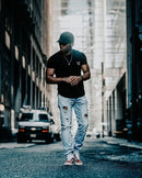 Men Muscle T Shirt Cotton Elasticity Causal Gym Fitness Shirts Short Sleeve Curved Hem Slim Fit Tee Shirt