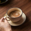 Ribbed Ceramic Coffee Cup & Saucer Set, 275ml Vintage Style Latte Mug with Rim Detail, Dishwasher Safe, Microwave Safe