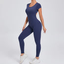 Women's One-piece Yoga Jumpsuit Short Sleeve Open Back Slim Fit Sports Outfit Tights Quick-drying Hip Lift Gym Fitness Clothes