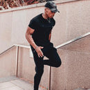Men Muscle T Shirt Cotton Elasticity Causal Gym Fitness Shirts Short Sleeve Curved Hem Slim Fit Tee Shirt