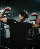 Men Muscle T Shirt Cotton Elasticity Causal Gym Fitness Shirts Short Sleeve Curved Hem Slim Fit Tee Shirt